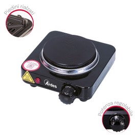 ARDES Small electric stove with 1 cast iron plate made of painted steel, diameter plate 9.5 cm with thermostat for temperature control, model TIKAPPA AR1F18, black