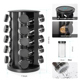 Tianifa Black Countertop Rotating Spice Rack, Round Empty 20-Jars Revolving Spice Rack Organizer, 135 Spice Labels with Funnel Complete Set, for Kitchen Countertop, Cabinet