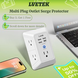 Lvetek USB Wall Charger Surge Protector，LVETEK 5 Outlet Extender with 4 USB Ports (1 USB C Outlet) 3 Sided 1680J Power Strip Multi Plug Outlets Wall Adapter Spaced for Home Travel Office ETL Listed,Fireproof Shell - Pack: Buy 1 Get 4