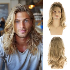 Baruisi Long Blonde Wigs for Men Synthetic Layered Wavy Cosplay Party Wig