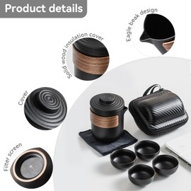 Mini Travel Ceramic Tea Pot Set Chinese Kung Fu Teapot, Portable Anti Burn Travel Tea Set with Tea Infuser Portable Bag Chinese Kung Fu Teapot Porcelain Tea Pot Cup Set All in One Gift(Black-4 Cups)