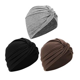 3 Pieces Womens Elastic Cotton Cross Beanie Cap Stretchy Turban Head Scarf Hat Soft Chemo Hair Loss Head Wear Head Wrap Pleated Front Tie Headband Night Sleep Cap Slouchy Skull Cap for Ladies Girls