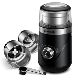 SHARDOR Electric Super Silent Blade Coffee Grinder, Timed Grind Control Rotary Knob, Adjustable Coarse to Fine for Coffee Beans, Spices & Herbs, with 2 Removable Stainless Steel Bowl, Black