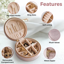 Boutique De Luxe Jewelry Organizerers, Round Plush Velvet Travel Jewelry Organizer, Jewelry Box For Women (Dusty Rose)