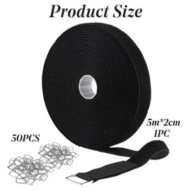 1 Hook & Loop Strap + 50 Metal Buckles,Hook and Loop Straps with Metal Buckles,Cut-to-Length Reusable Cable Ties,Adjustable Fastening Cable Straps,Nylon Securing Cinch Strap,Black (25mm*10m)