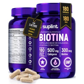 SUPLINT Biotina 300 mcg con Colágeno Hidrolizado 500 mg y Vitamina C – Vitaminas para el Cabello, Piel y Uñas – Mujer y Hombre – Sin Gluten, Sin Azúca