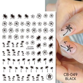 6pcs Summer Coconut Tree Nail Art Stickers Sea Island Style 3D Back Glue Hand-Drawn Nail Stickers Palm Tree & Leaves Design Black Nail Decals Themed for Tropical Holiday Nail Art Decor