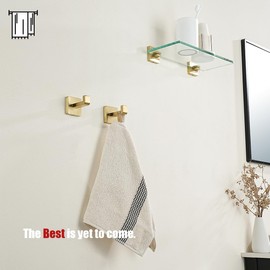 JQK - Gancho para toalla de baño, color dorado, para ropa, ropa de baño, ganchos de pared para cocina, cochera, SUS 304, acero inoxidable grueso, 0,8 mm, paquete de 2 unidades, oro cepillado, TH250-BG-P2
