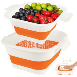 Collapsible Colander Set with Strainer Bowl, 2 in 1 Fruit Washing Basket with Strainer, 5 + 3 QT Plastic Colander for Kitchen, Foldable Double Layered Colander Bowl for Berry, Vegetable, Orange
