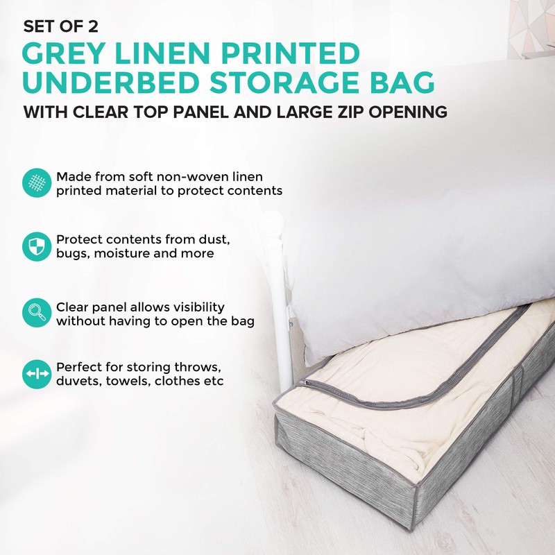 LIVIVO 2pack Grey Linen Printed Zipped Underbed Storage Bag Organiser
