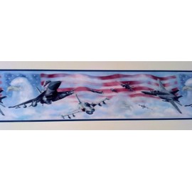 Wallpaper Border Air Force Jet Fighters American Flag & Eagle with Blue Trim