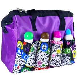 Large Bingo Daubers Bag with 8 Pockets - Left-Handed Friendly Bingo Accessories Organizer, Reinforced Opening Travel Makeup Case, Themed Gift for Bingo Players, Purple, Bingo Cards & Balls Pattern