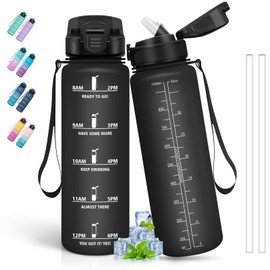 Water Bottle 1 Litre, Water Bottle with Straw, Sports Water Bottle, Can Be Carried, Water Bottle with Time Marking, Leak-Proof, Water Bottle for Running, Camping, Hiking,