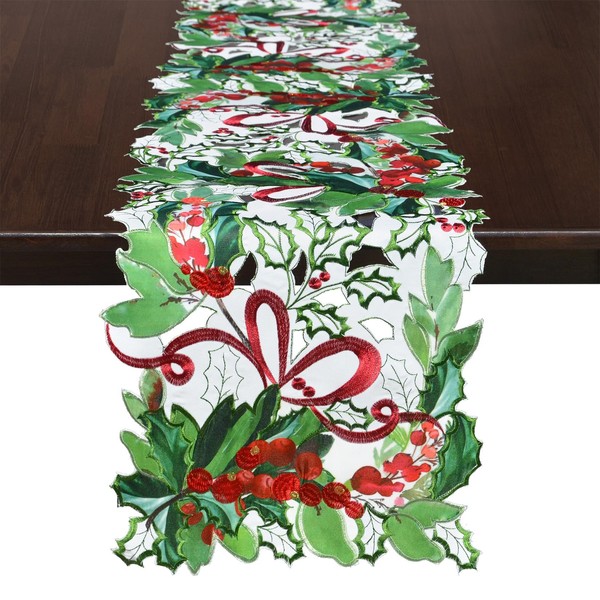 Grelucgo Embroidered Christmas Holiday Holly Leaves Table Runner (14x34 inches)