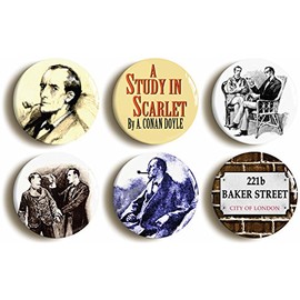 6 x"SHERLOCK HOLMES" VINTAGE-STYLE BADGES BUTTONS PINS (1inch/25mm diameter)