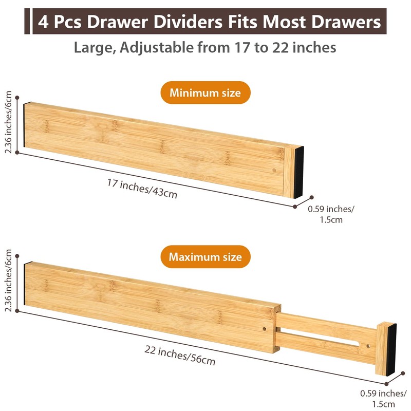 DUCOO 4 PCS Drawer Divider, 17"-22" Adjustable Bamboo Drawer Dividers