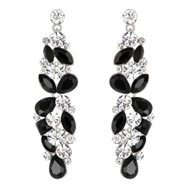 EVER FAITH Teardrop Round Marquise Shaped Rhinestone Crystal Flower Cluster Dangle Pierced Earrings Black Silver-Tone