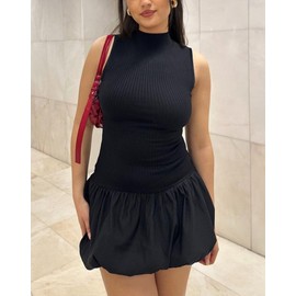 Ekaliy Women's Going Out Dresses Sleeveless Open Back Mock Neck Bodycon Bubble Y2K Mini Short Dress Party Outfits Black