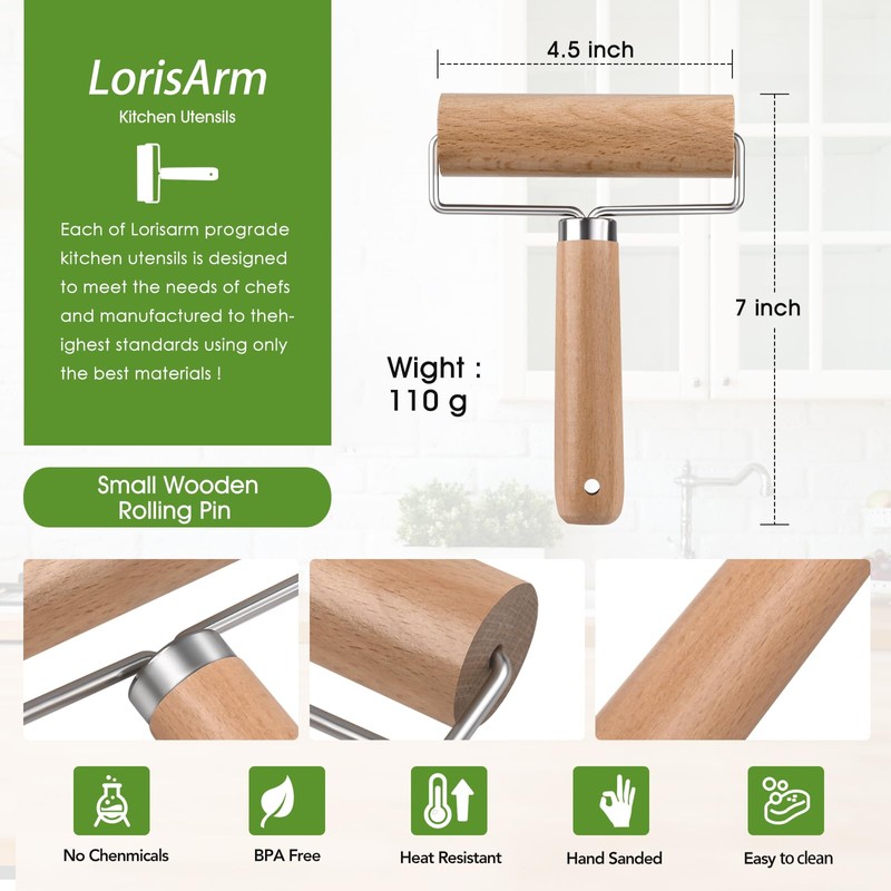 LorisArm Small Rolling Pin with Handle, Wooden Dough Pastry Roller,