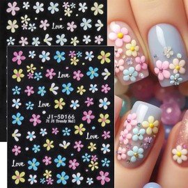 2 Sheets 5D Embossed Flowers Nail Art Stickers Decals Spring Summer Floral Nail Stickers Blue White Yellow Pink Daisy Nail Decals for Acrylic Nails Women DIY Manicure Supplies Decorations