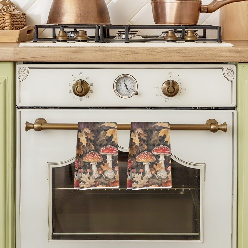 2Pcs Fantasy Mushroom Kitchen Towels, Fall Maple Leaves Decorative Absorbent