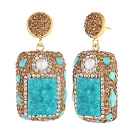 HZMAN - Aretes de turquesa para mujer, estilo retro, antiguo, gruesos, circonita cúbica, bohemio, cuadrado, piedra turquesa, regalo de joyería, Latón, Turquesa