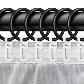 70 x Plastic Rings with Folding Hooks, Plastic Curtain Rings for Universal Tape/Ruffle Tape, 30 mm Inner Diameter, Colour: Black