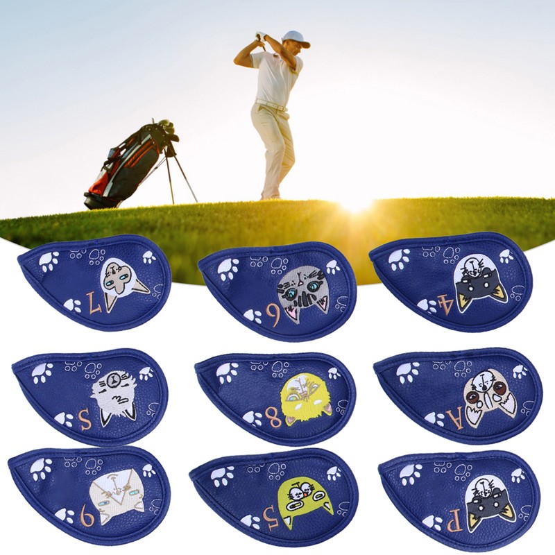 9PCS PU Leather Embroidery Waterproof Golf Putter Head Cover Iron