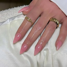 Rose Pink Press on Nails Almond Shaped 48Pcs Neutral Thick Fake Nails for Women, Medium Almond Nails Press on Reusable Acrylic Nails Glue on Medium Length Stiletto False Nails Gel Artificial Nails