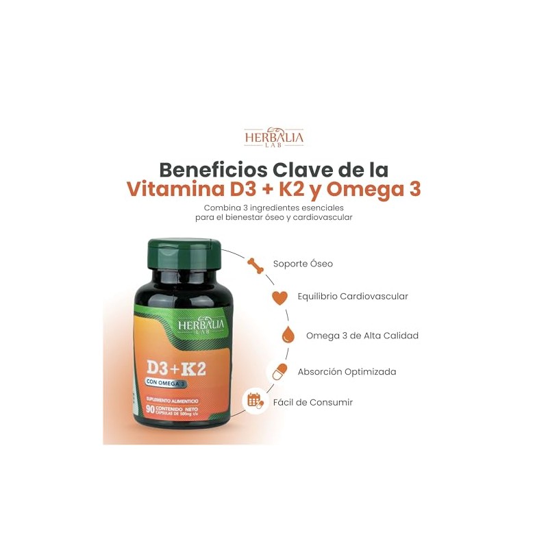 Vitamina D3 + K2 con Omega 3 - Apoyo Óseo,