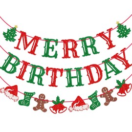 Qttier Merry Birthday Banner, Pre-strung Christmas Birthday Party Decorations, Christmas Party Banner for Happy Birthday, Red and Green Glitter