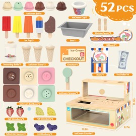 Foldable Wooden Ice Cream Toy Set Pretend Play Food Store for Toddlers, 52-Piece Kids Ice Cream Counter with Storage, Kitchen Playset Fake Money & Menu, Birthday Gift for 3 4 5 6 Year Old Girls Boys