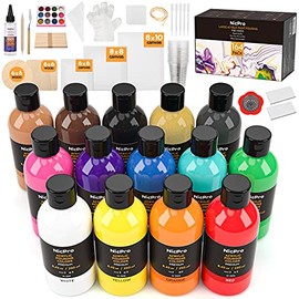 Nicpro 14 Colors 8.45oz Acrylic Pour Paint Supplies Kit, Large Volume Premixed High Flow Painting Bulk Set with Canvas, Wood Natural Slices, Pouring Oil, Tools Gloves, Strainer, Cups for Beginner DIY