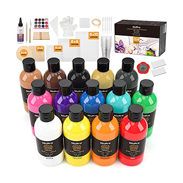 Nicpro 14 Colors 8.45oz Acrylic Pour Paint Supplies Kit, Large