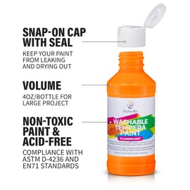 Neon Fluorescent Washable Tempera Paint – UV-Reactive Under Blacklight, 6 Bright Colors, 4 fl oz Bottles, Non-Toxic Kid-Safe Craft & Classroom Paint, Made in USA