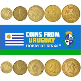 Uruguay 5 Mixed Coins | 1 Centesimo to 5 Pesos | Uruguayan Currency Since 1975