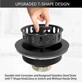 EXAKEY Black Sink Drain 3-1/2 Inch Kitchen Sink Drain Strainer Assembly Kit with Stainless Steel Strainer Basket and Drain Stopper for Standard Kitchen Sink Matte Black