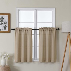 Lecloud Bessie 36 Inch Kithen Curtains 2 Panels Set, Camel Faux Linen Textured Elegant Window Drapes, Burlap Short Window Curtain Tiers for Cafe Bedroom Bathroom Basement, Each 30 W x 36 L