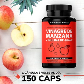 Vinagre de Manzana + Inulina de Agave | 150 Cápsulas de 500mg de Vinagre de Manzana + 100 mg de Inulina de Agave | Sin Gluten | Sin Azúcar | Suplemento Alimenticio formulados por científicos