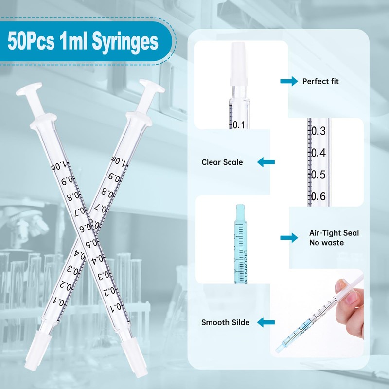 Gufastoe 50pcs 1ml Plastic Syringes with Caps Without Rubber Stopper