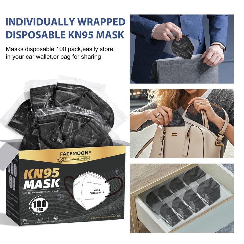 KN95 Face Masks Black Adults - 100 Pack Disposable Masks