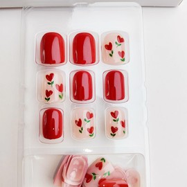 Love Heart Press on Nails Short Square Valentines Fake Nails with Glue Cherry Red Love Heart Design Flower False Nails Valentine Heart Glue on Nails Artificial Stick on Nails for Women Girls 24Pcs