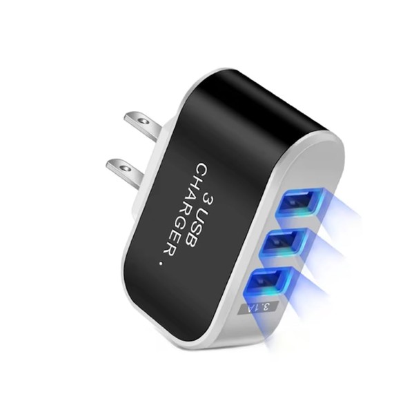 USB Charger with 3 Ports, LED Indicator, Worldwide Compatibility (Black)