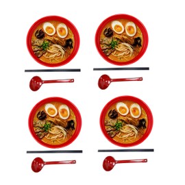 TJ Global 48 Oz Red and Black Large Melamine Japanese Ramen Noodle Soup Bowl Set Dishware for Udon Soba Pho Asian Noodles - D8" x H4", Comes with chopsticks and spoons (4 Sets)