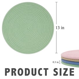 Round Placemats Set of 6, Cotton Rope Woven Table Mats, Hot Pads for Kitchen, Non Slip Heat Resistant Place Mats, 13 Inches Braided Placemat for Farmhouse Decor and Kitchen Table Decor (Green)