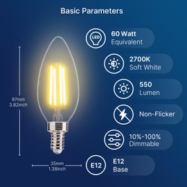 FLSNT 60W Equivalent LED Candelabra Bulbs, Dimmable LED Chandelier Bulbs, E12 Base, 550LM, 90+ High CRI, 12 Pack, 2700K Soft White UL,CA65 Listed.