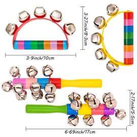 Whaline 4pcs Hand Jingle Bells Hand Sleigh Bells Rainbow Rattles Bell Handhold Wooden Bells with Handle Musical Instrument Gifts School Desk Ring Bell for Education Party Christmas