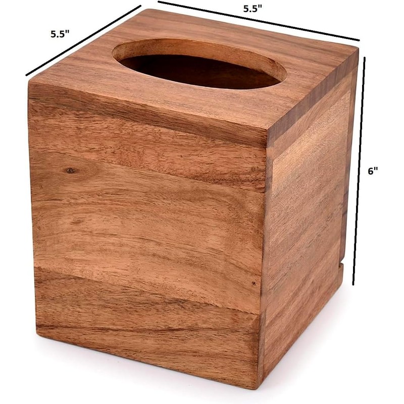 NIRMAN Acacia Wood Square Tissue Box with Slide-Out Bottom for