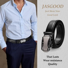 JASGOOD Mens Belt Ratchet Leather Belt Automatic Slide Belt for Men Dress Casual Belt with Adjustable Buckle(Black-Light Gun)