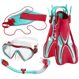 Phantom Aquatics Rapido Junior Kids Snorkel Set, Jr Snorkel Mask with Swim Snorkel & Fin Flippers - Turquoise Ruby, L/XL, us: 1-4 | eu: 32-37